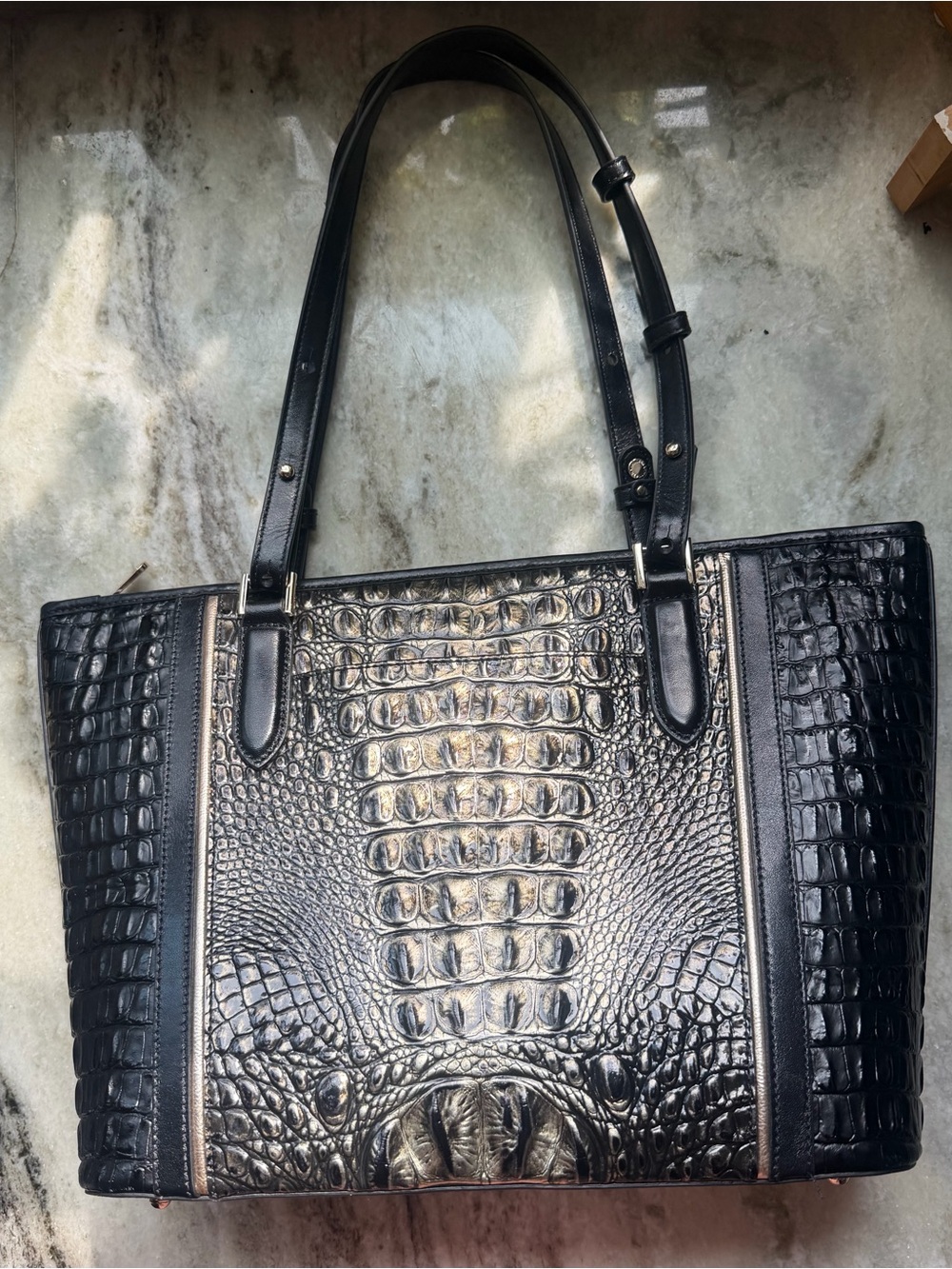RARE Brahmin Medium Asher Black & Metallic Gold Croc Embossed Leather Tote